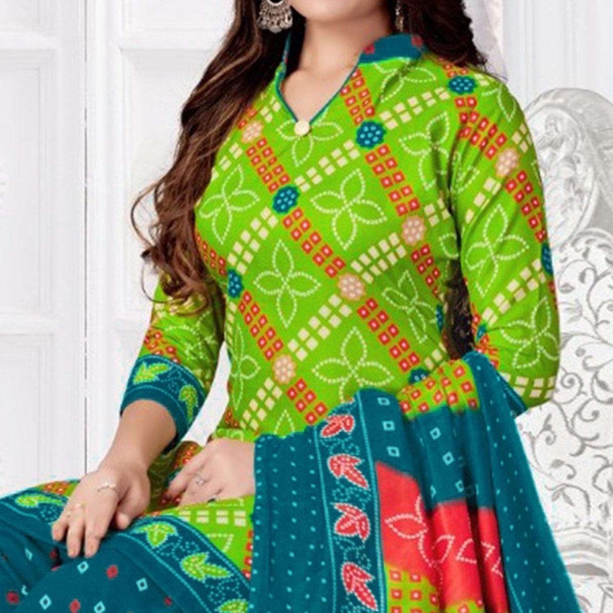 Green Bandhani Printed Poly Cotton Patiala Dress Material
