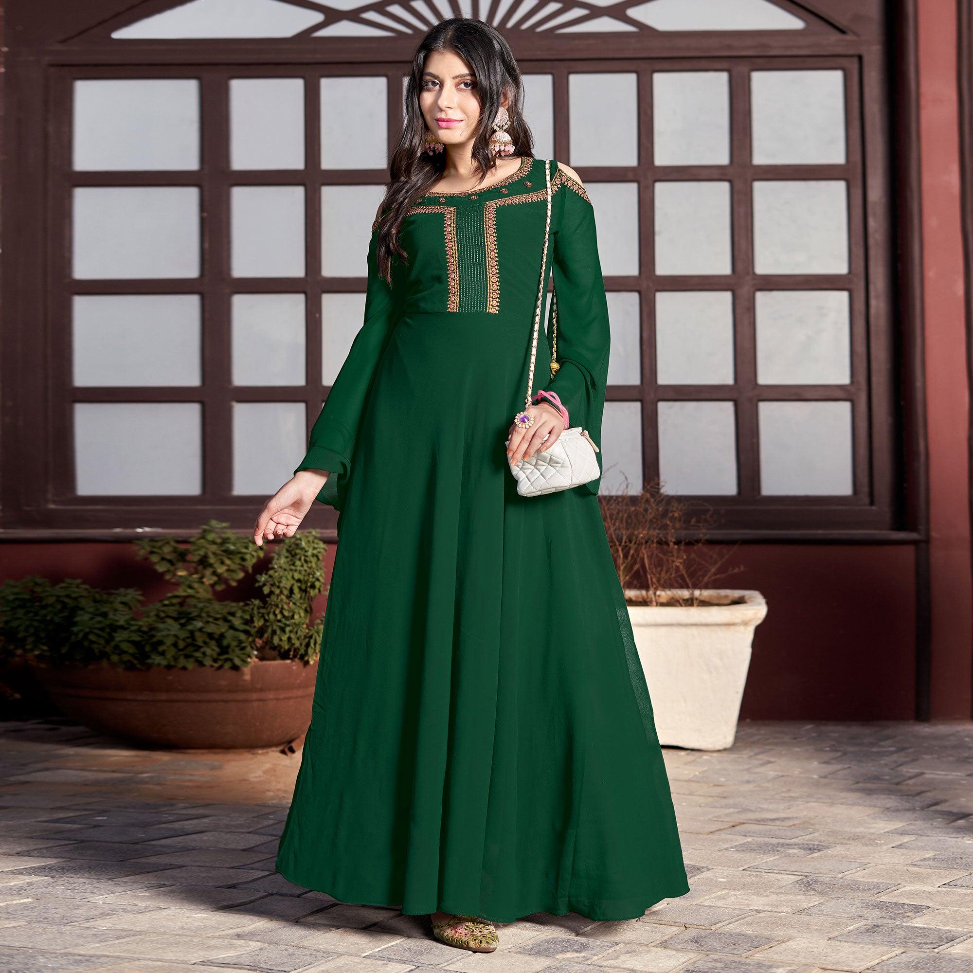 Green Embroidered Crepe Gown