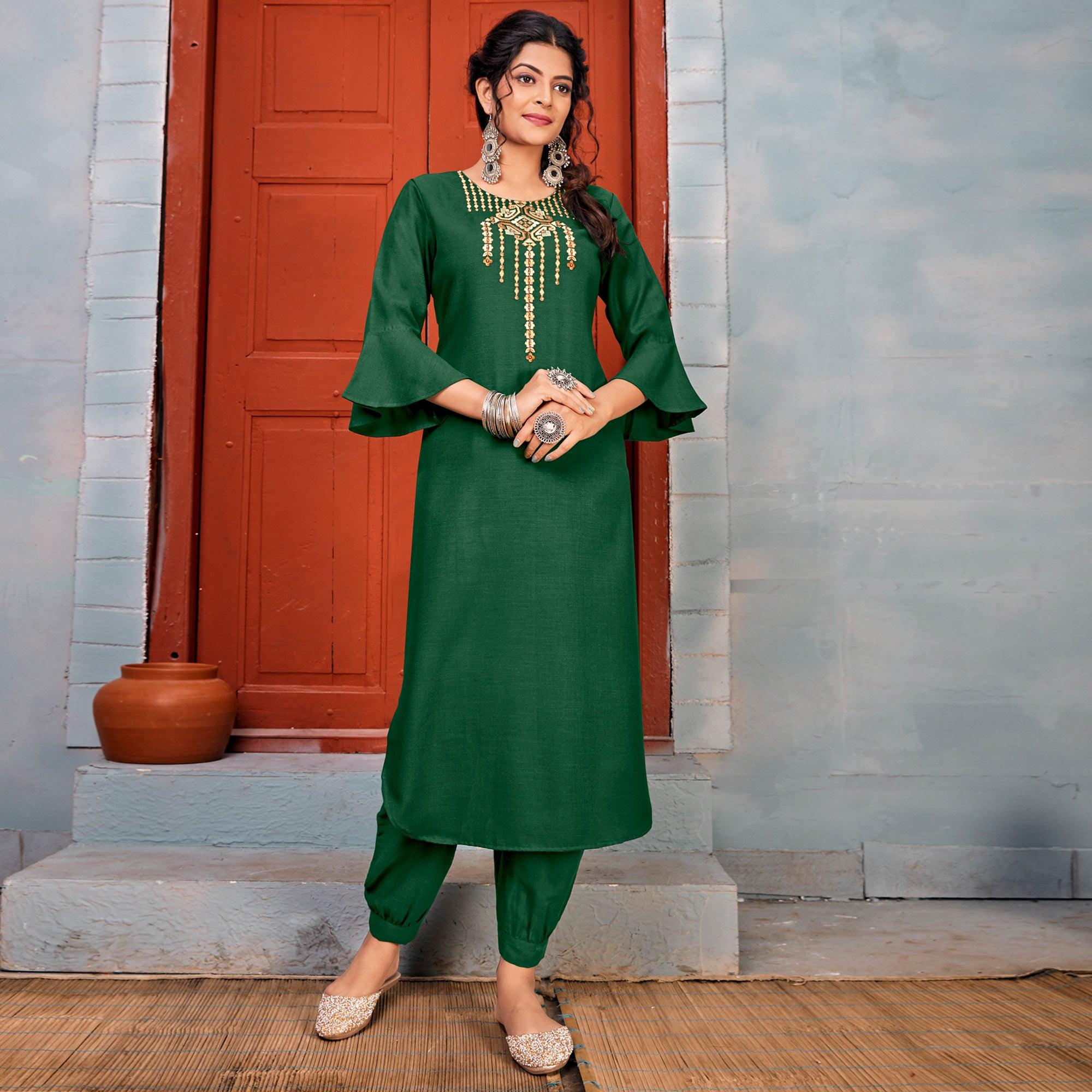 Pista Green Lucknowi Embroidered Pure Cotton Kurti Pant Set