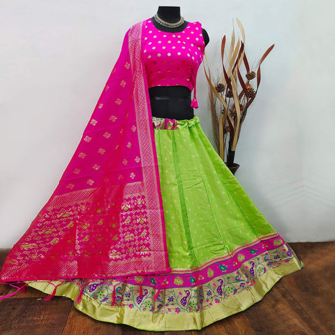 Kartiki Kothari - A parrot green lehenga with a pink... | Facebook