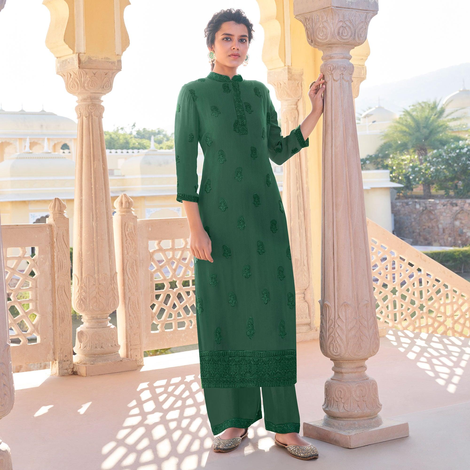 Pista Green Lucknowi Embroidered Pure Cotton Kurti Pant Set