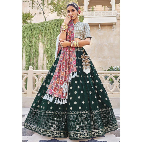 Capricious Green Designer Embroidered Partywear Georgette Lehenga Suit