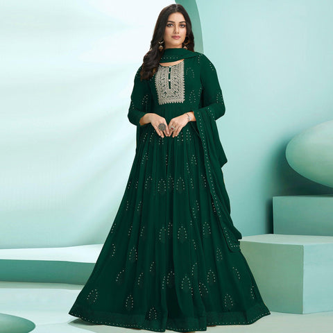 Bottle Green Sequence Work Anarkali Style Wedding Wear Gown
