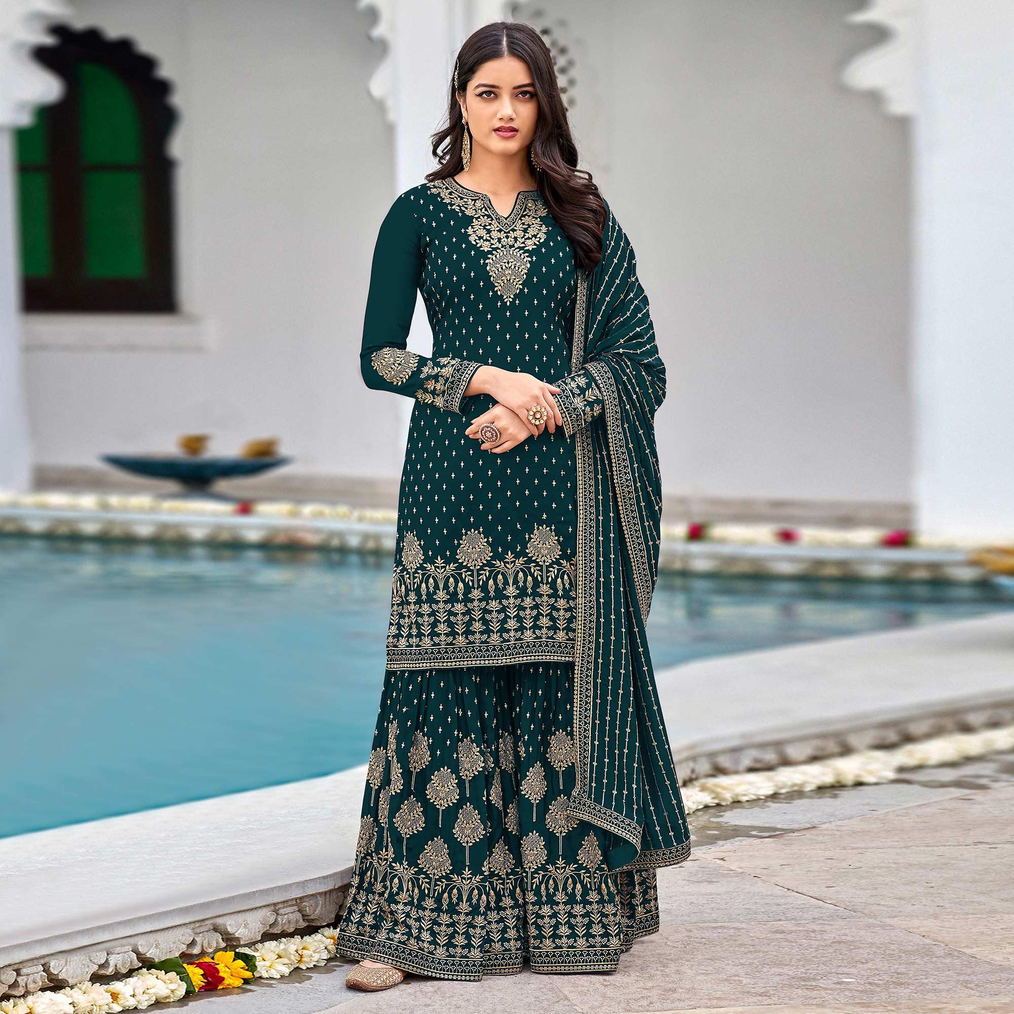 Lt Nitya Faux Georgette With Sequence Work Salwar Suit Bottle Green Color  DN 101