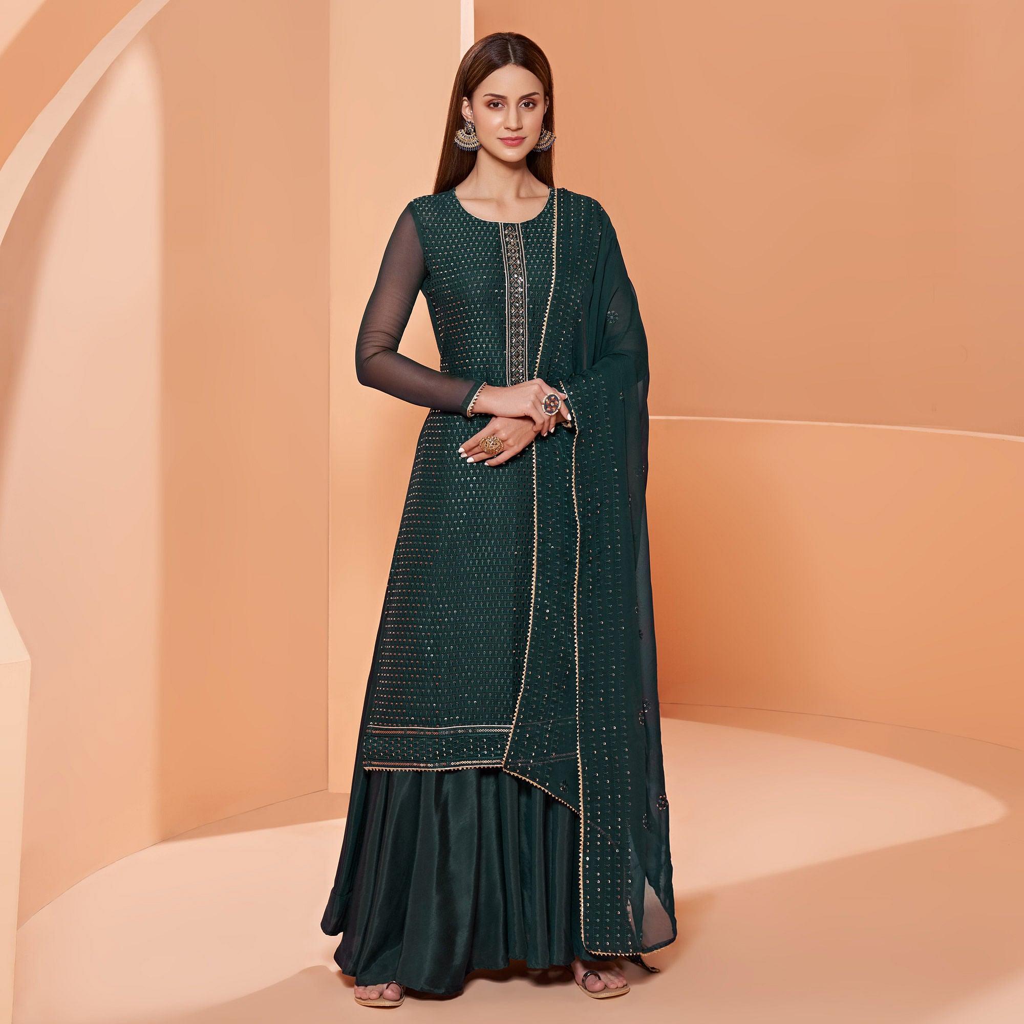 Green Partywear Sequence & Thread Embroidered Pure Georgette Palazzo Suit - Peachmode