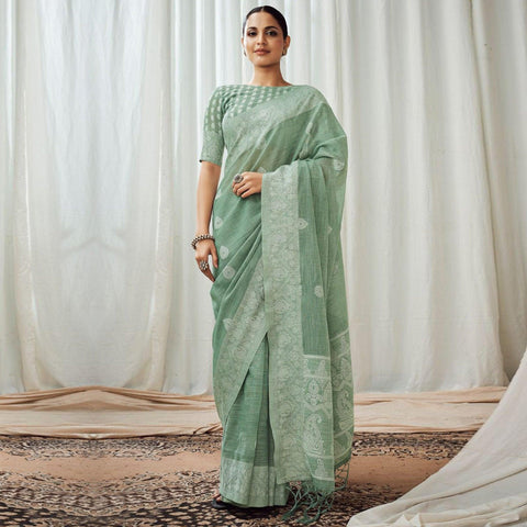 Green Kalamkari Digital Printed Linen Saree With Tassels