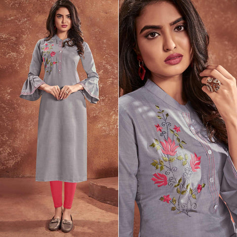 Extraordinary Party Wear Grey Color High Quality Reyon Foil Printed Kurti