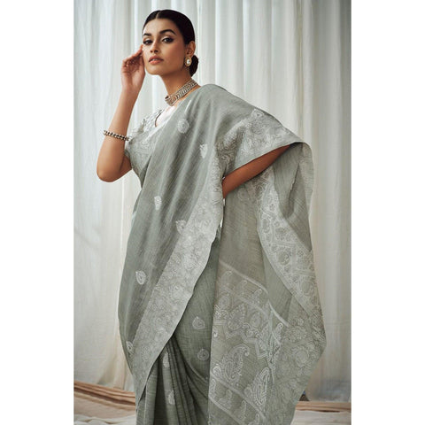 grey partywear woven lucknowi linen saree peachmode 2 6ea5307c 1bde 40e5 b73b 07662161ea8f large