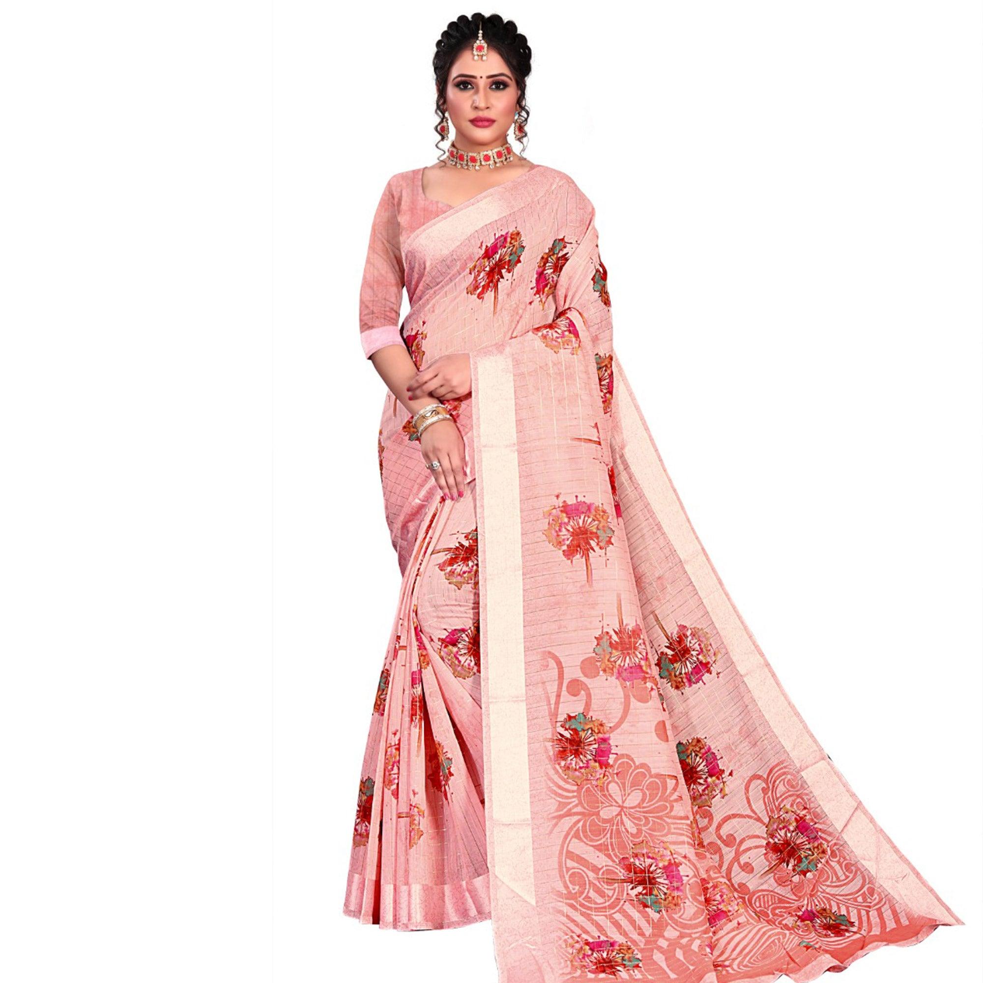 intricate pink colored casual wear printed cotton saree peachmode 1