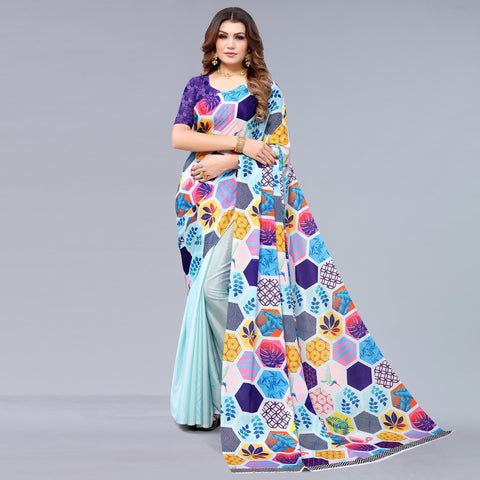 light blue floral printed chiffon half and half saree peachmode 2 large