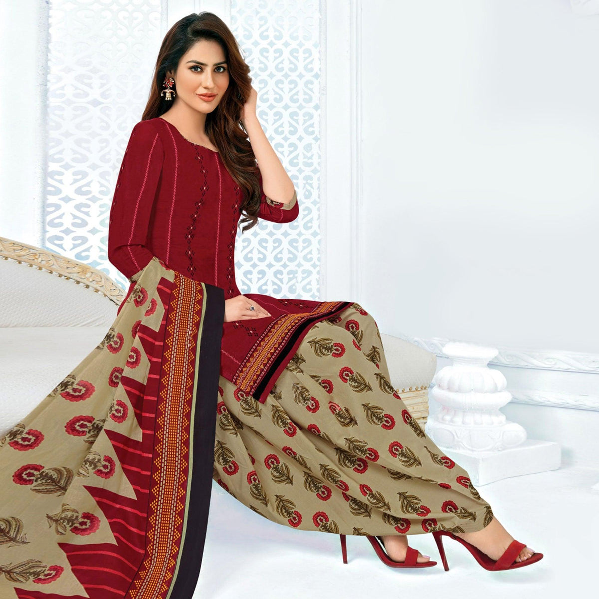 Maroon Casual Wear Printed Cotton Patiala Dress Material