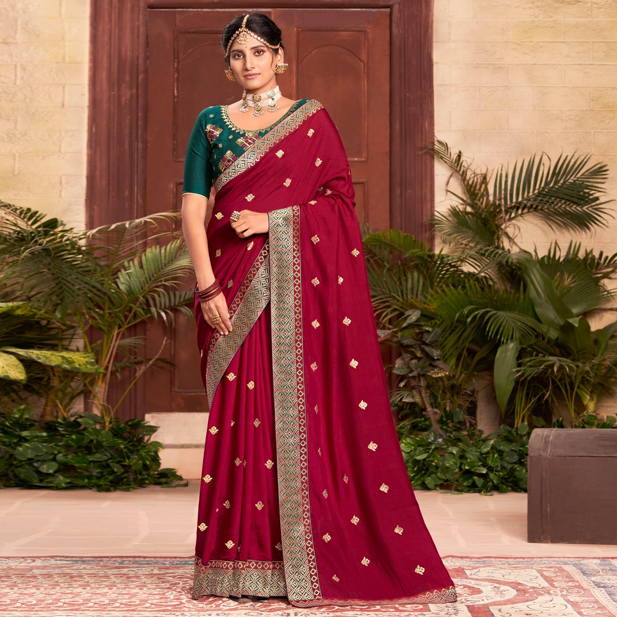 Maroon Embroidered With Embellished Vichitra Silk Saree