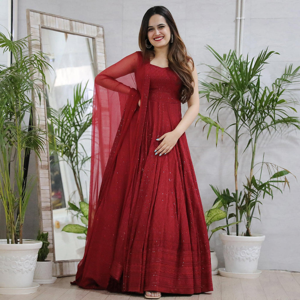 Red Lucknowi Chikankari Rayon Partywear Gown