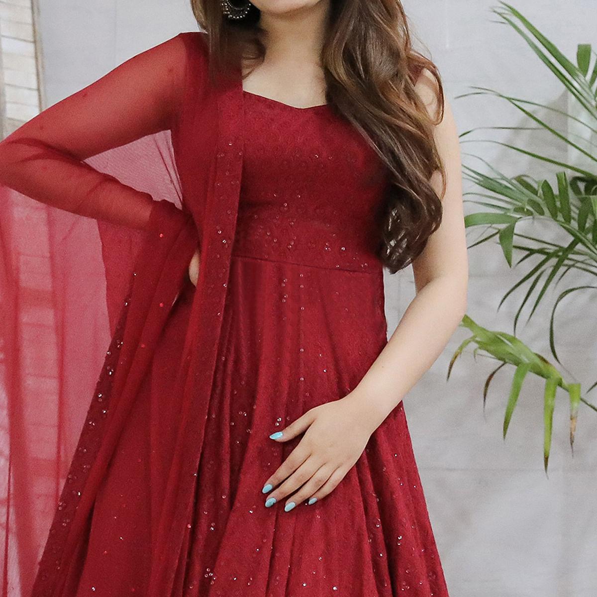 Red Lucknowi Chikankari Rayon Partywear Gown