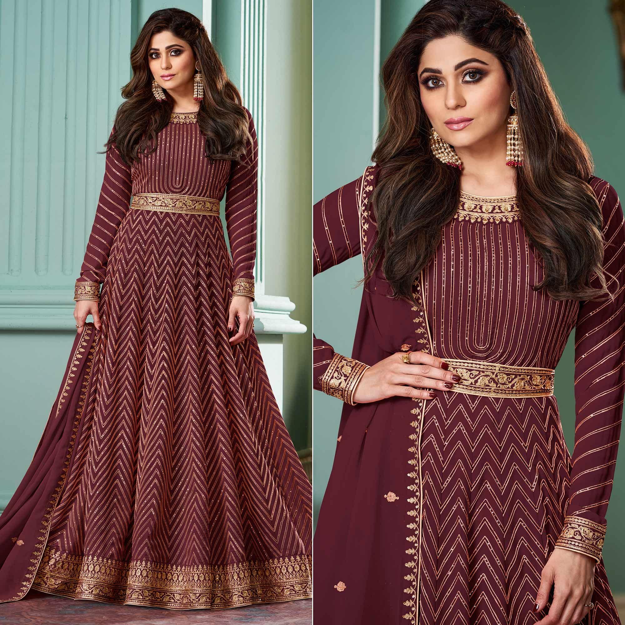 Maroon Partywear Sequence Embroidered Georgette Gown