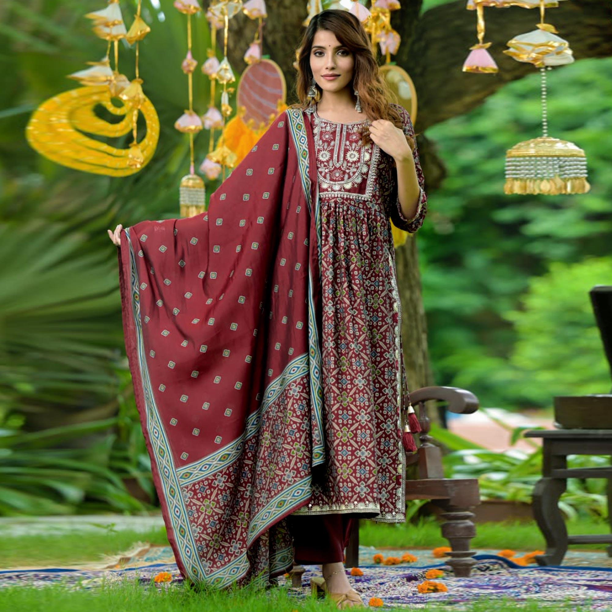 Maroon Printed-Embroidered Muslin Anarkali Suit