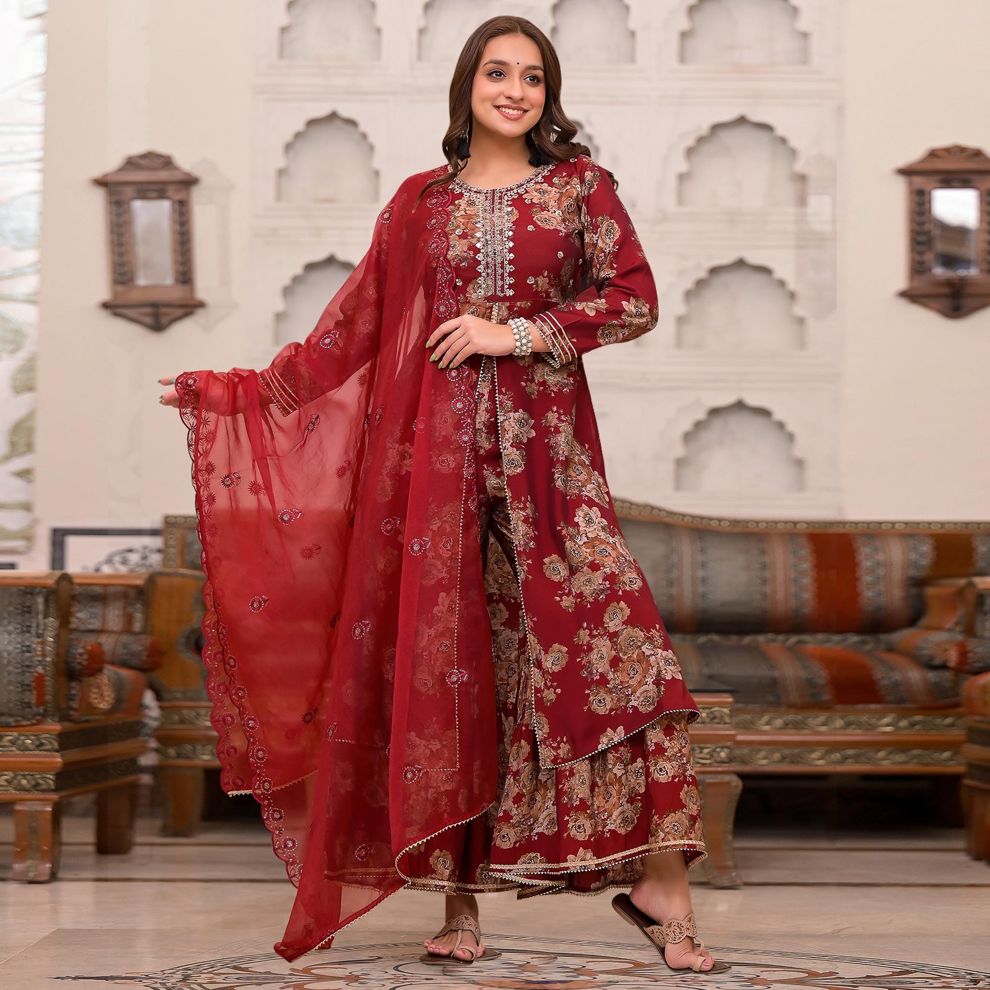 Maroon Printed Muslin Sharara Suit