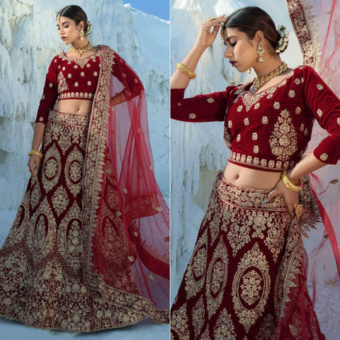 Brown & Green Partywear Floral Embroidery With Woven Silk Lehenga Choli