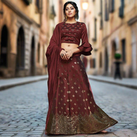 Wine Wedding Wear Embellished Netted Lehenga Choli