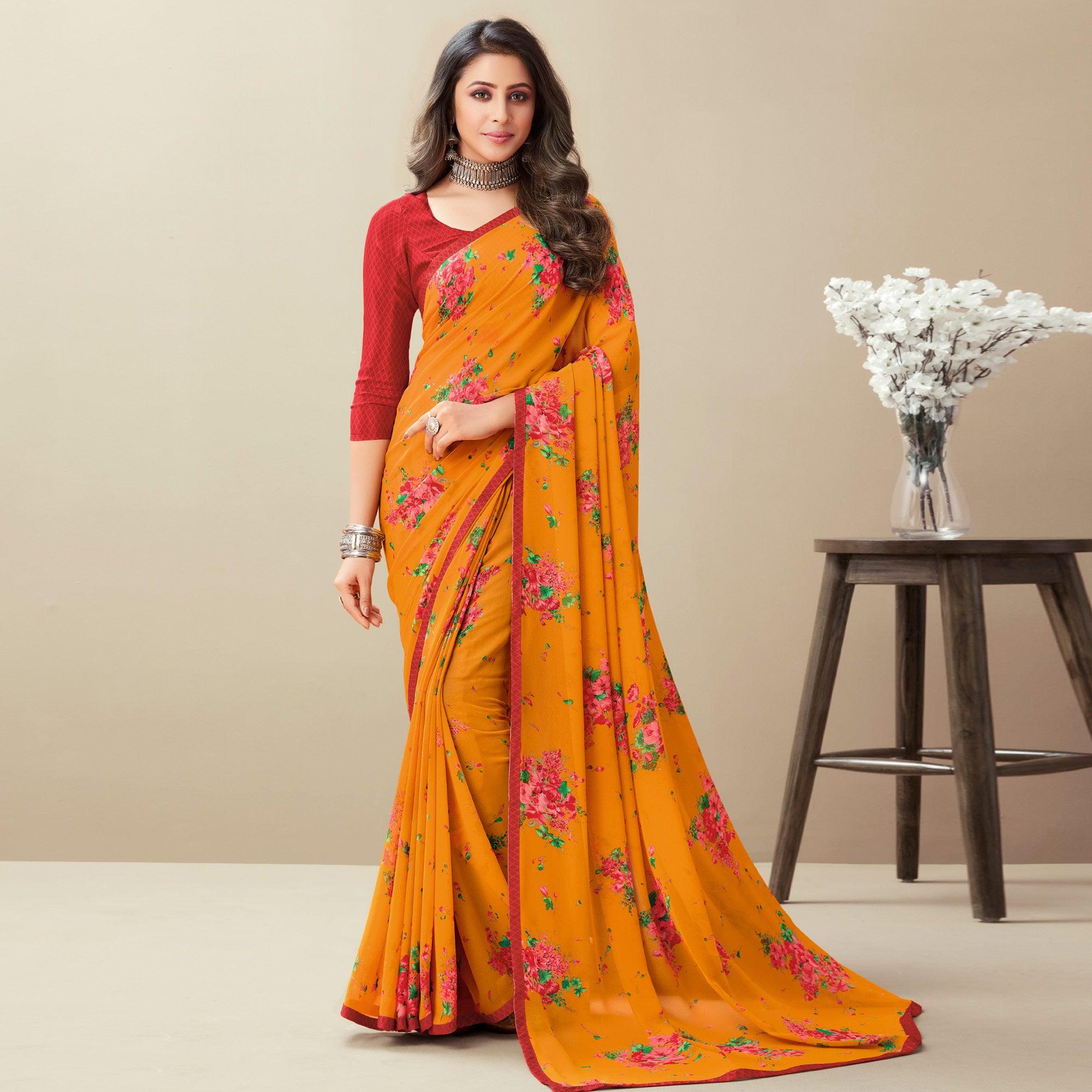 Mustard Floral Printed Georgette Saree 