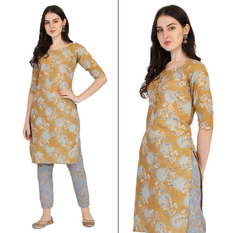 Cream Partywear Printed With Embellished Cotton Kurti Pant Set