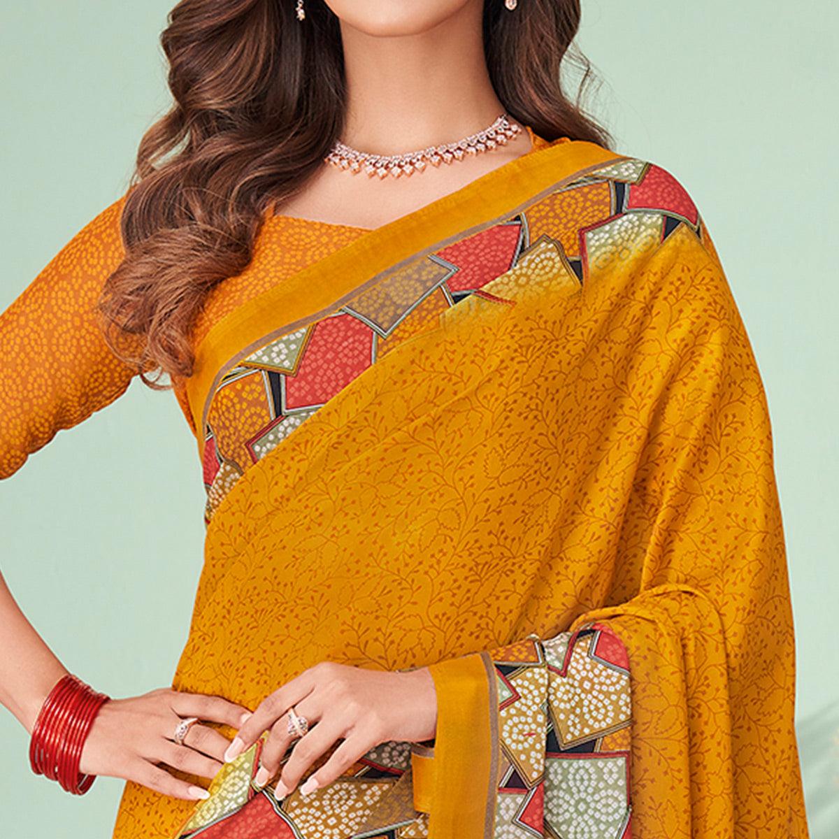 Mustard Printed Raw Silk Saree