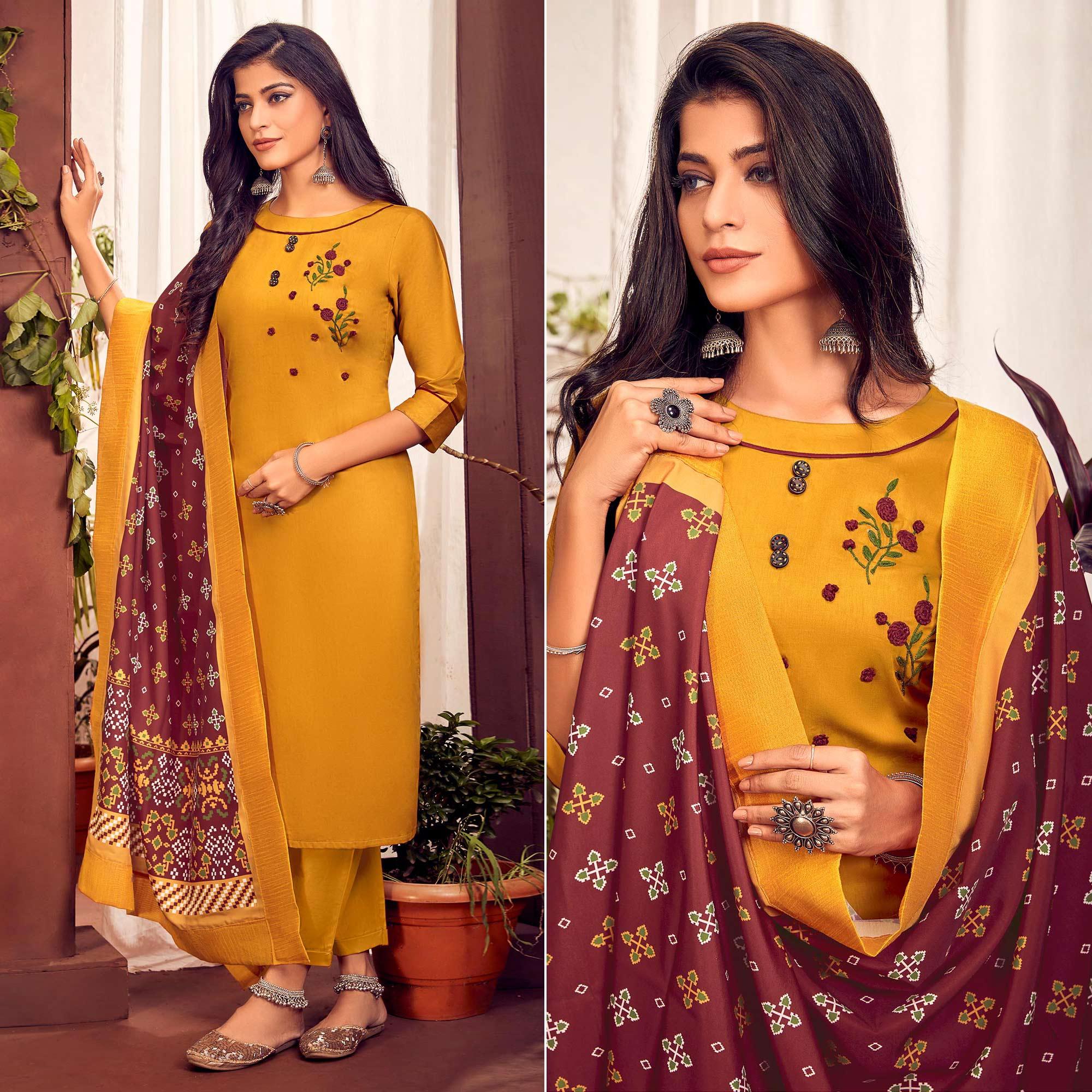 Mustard Floral Embroidered Art Silk Kurti Pant Set With Dupatta