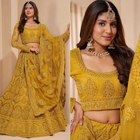 Yellow & Green Partywear Floral Print With Sequins Embroidery Organza  Lehenga Choli