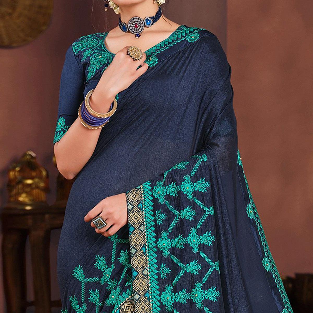 Navy Blue Embroidered Art Silk Saree