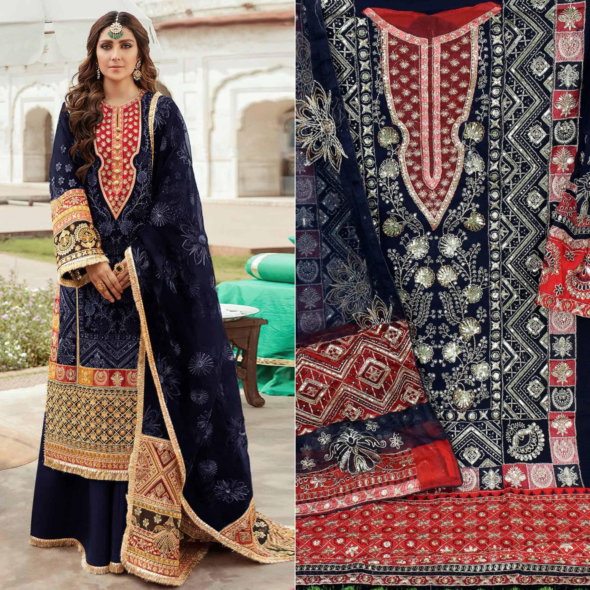 Navy Blue Embroidered Georgette Pakistani Suit 