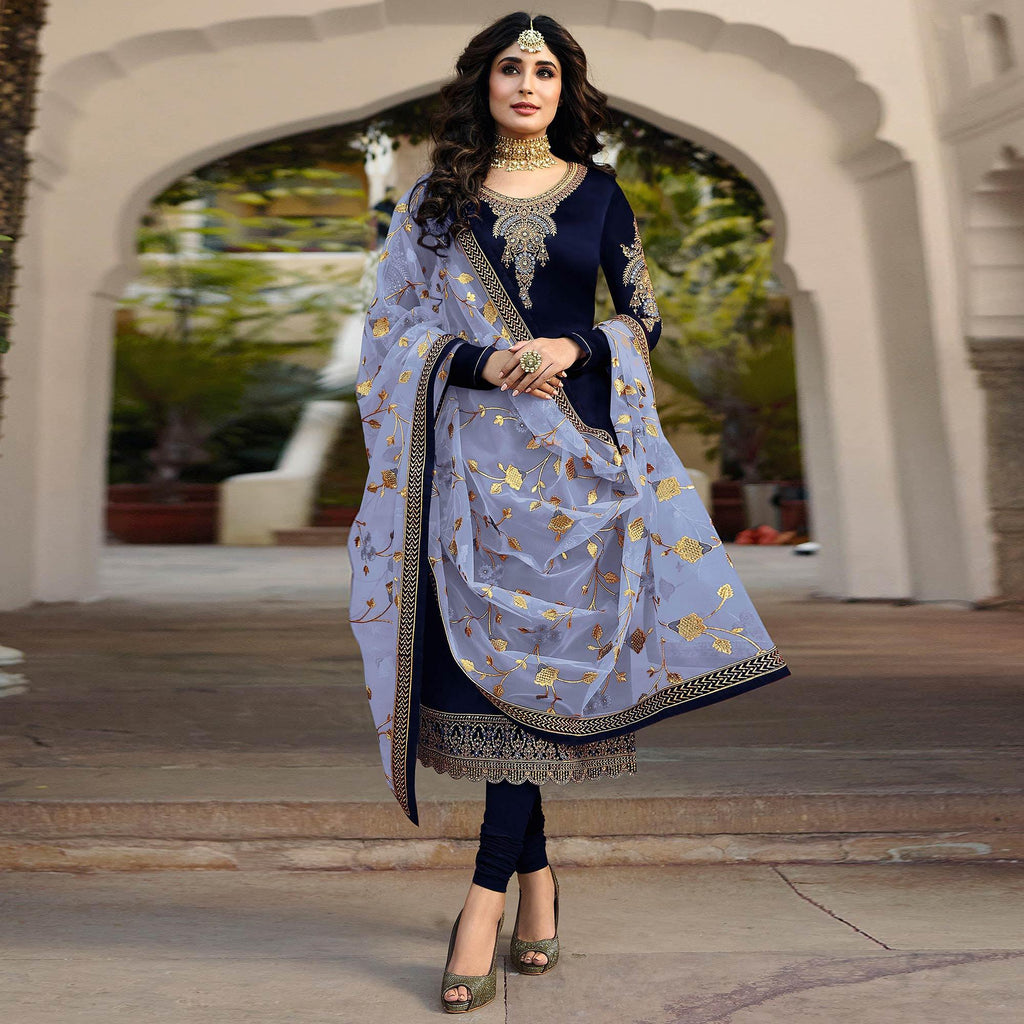 Navy Blue Embroidered Georgette Salwar Suit