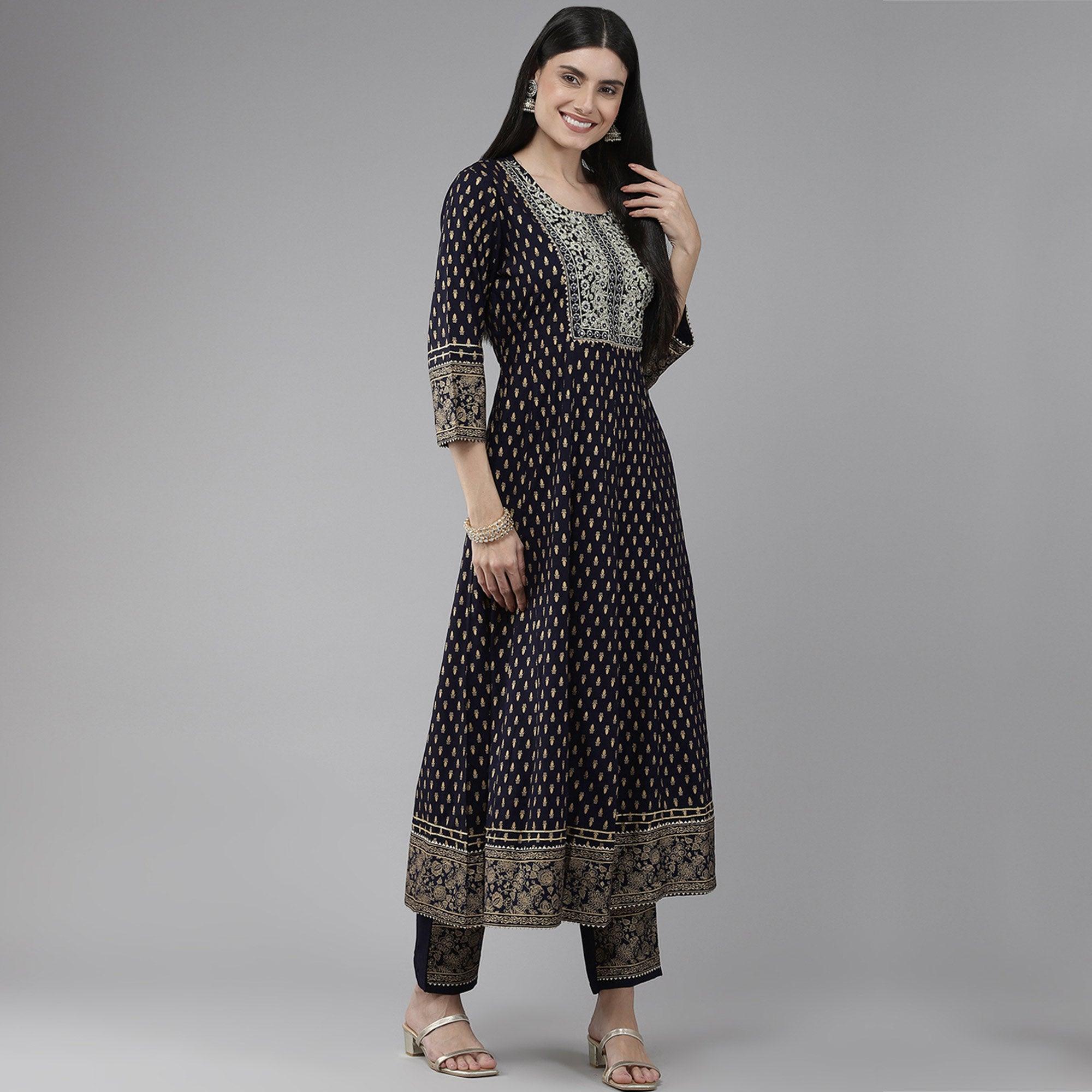 Navy Blue Printed & Embroidered Rayon Anarkali Suit