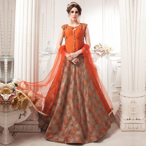 Brown Solid Satin Lehenga Choli