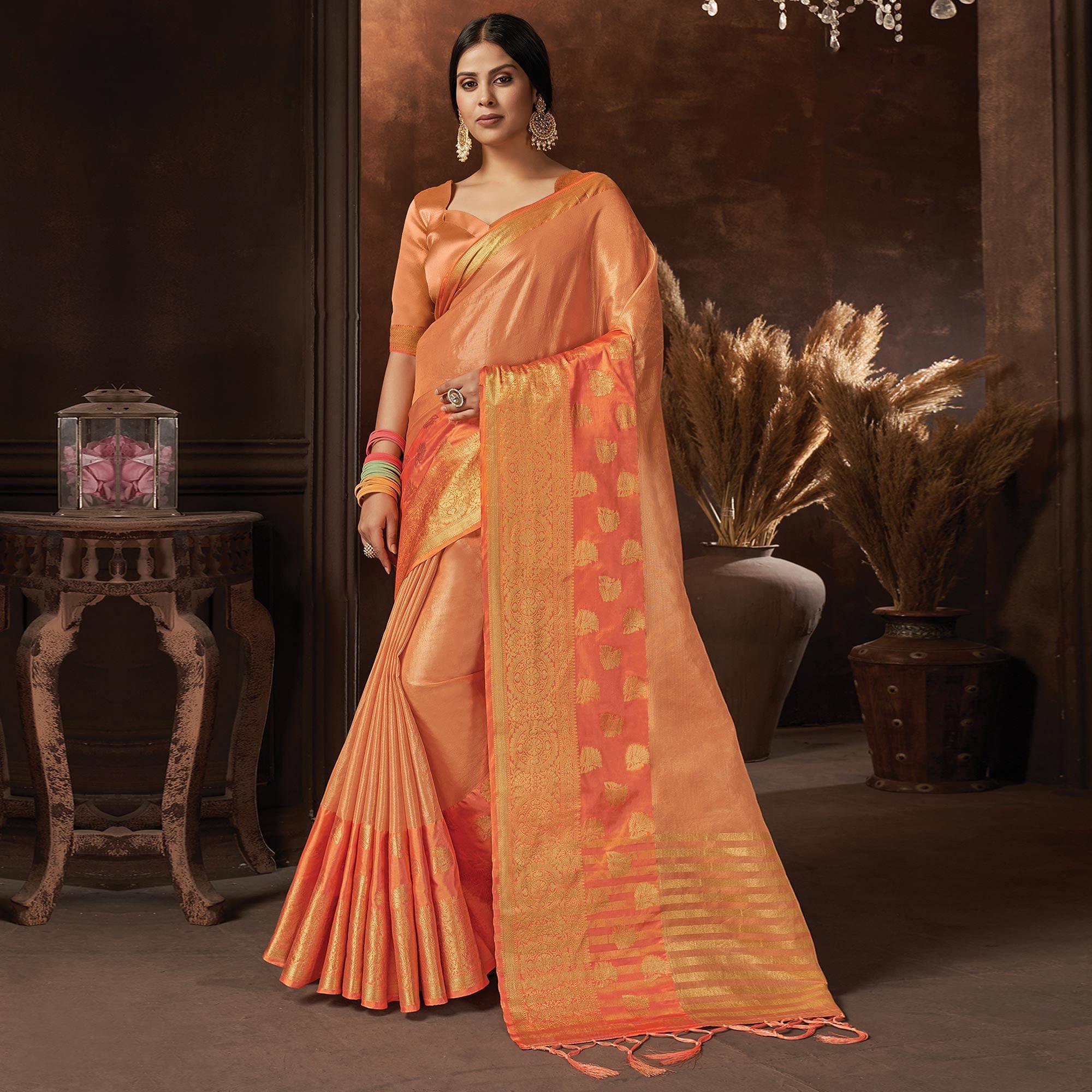 Buy Orange Embroidered Georgette Organza Saree by Designer DEVNAAGRI Online  at Ogaan.com