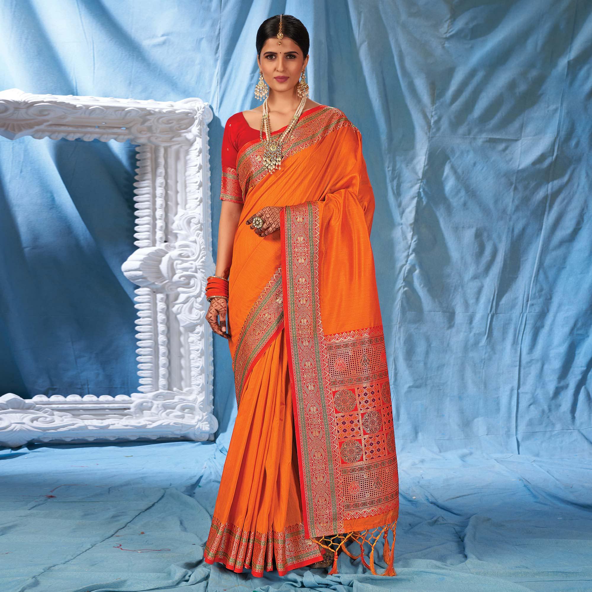 Orange Party Wear Jaanvi Fashion Silk Saree Cham-2036_Orange, With