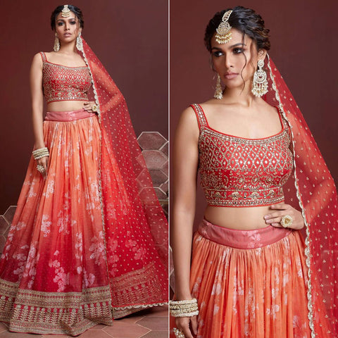 Ravishing Beige Colored Party Wear Embroidered Georgette Satin Lehenga  Kameez