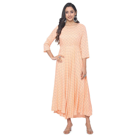 Peach Printed Jacket Style Anarkali Long Kurti 726KR07