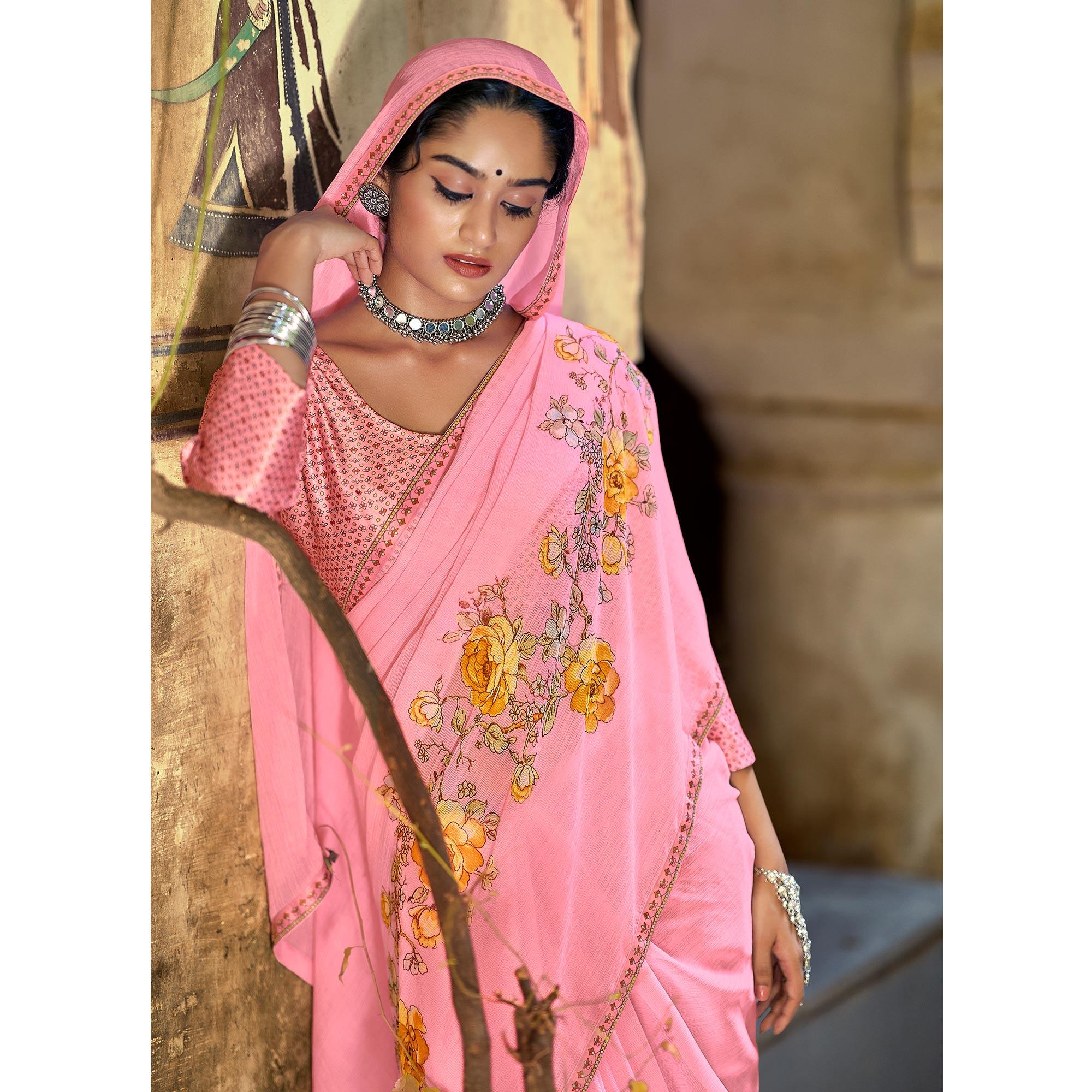 Magenta Pink Casual Wear Printed Chiffon Saree SARV161374