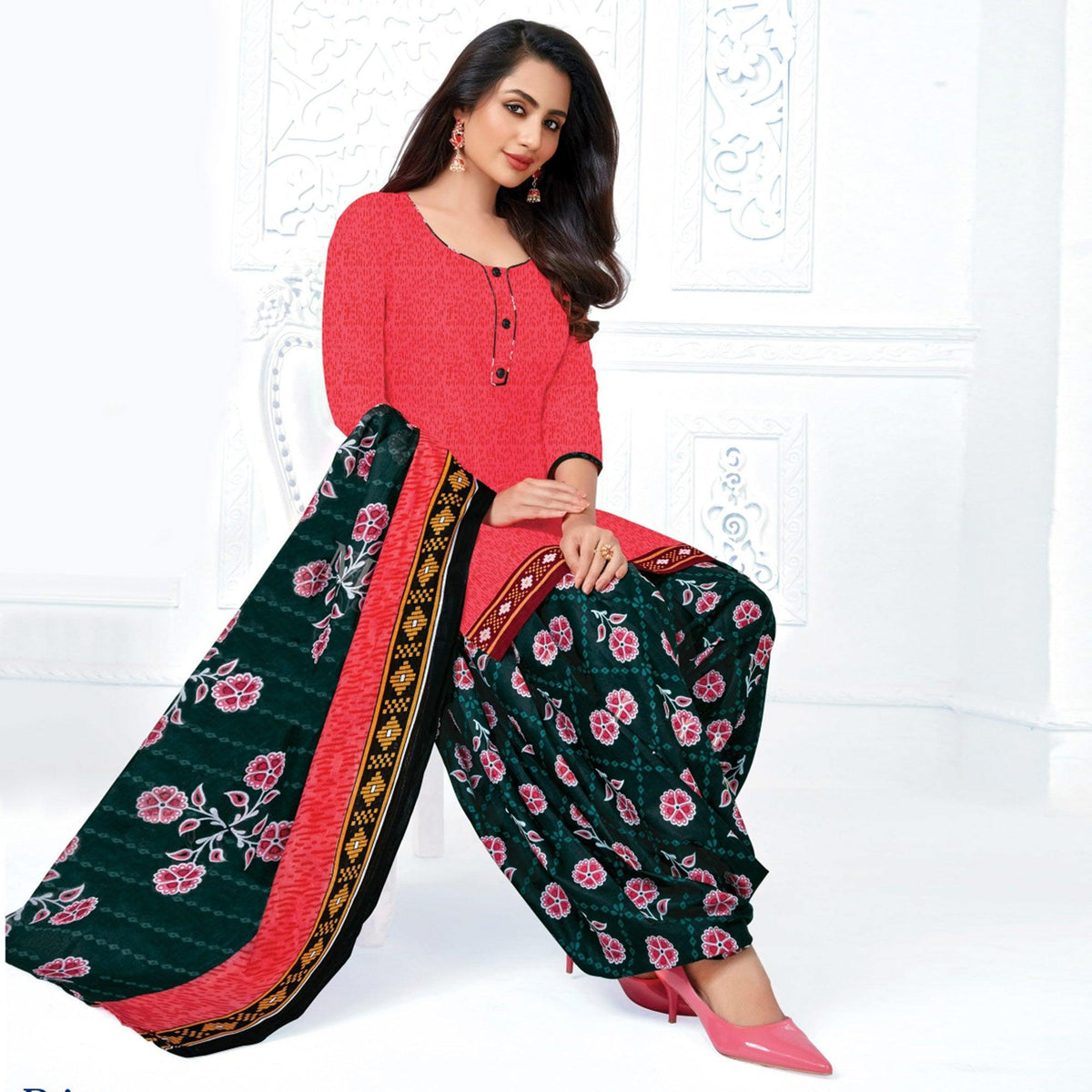 Pink Casual Wear Floral Printed Cotton Patiala Dress Material