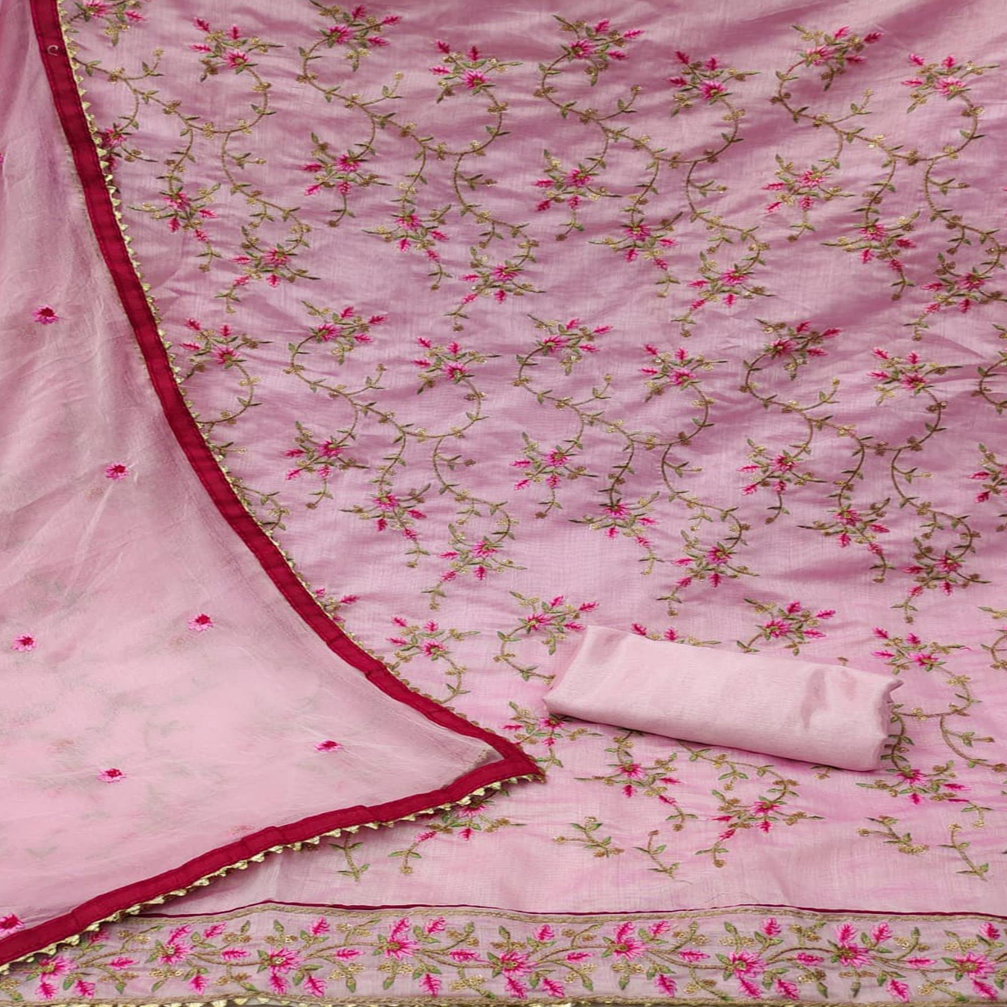 Pink Casual Wear Floral Sequence Embroidery Chanderi Dress Material