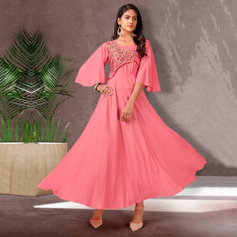 Plain Georgette and Net Gown in Black and Pink : UND384
