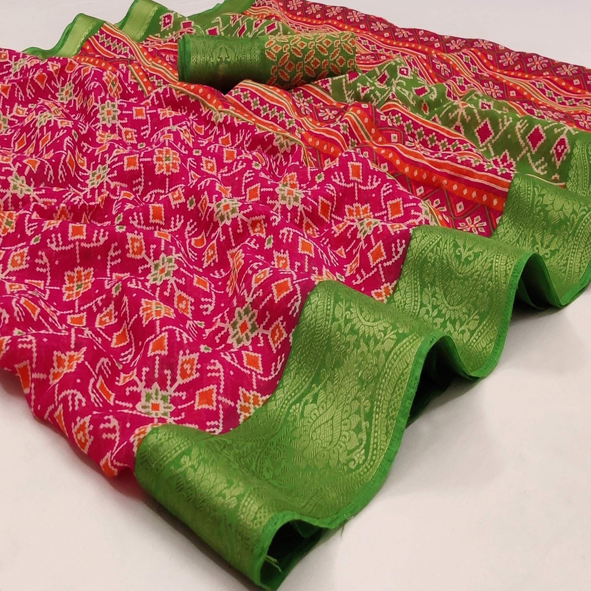 Beige Patola Printed Cotton Silk Saree With Tassels