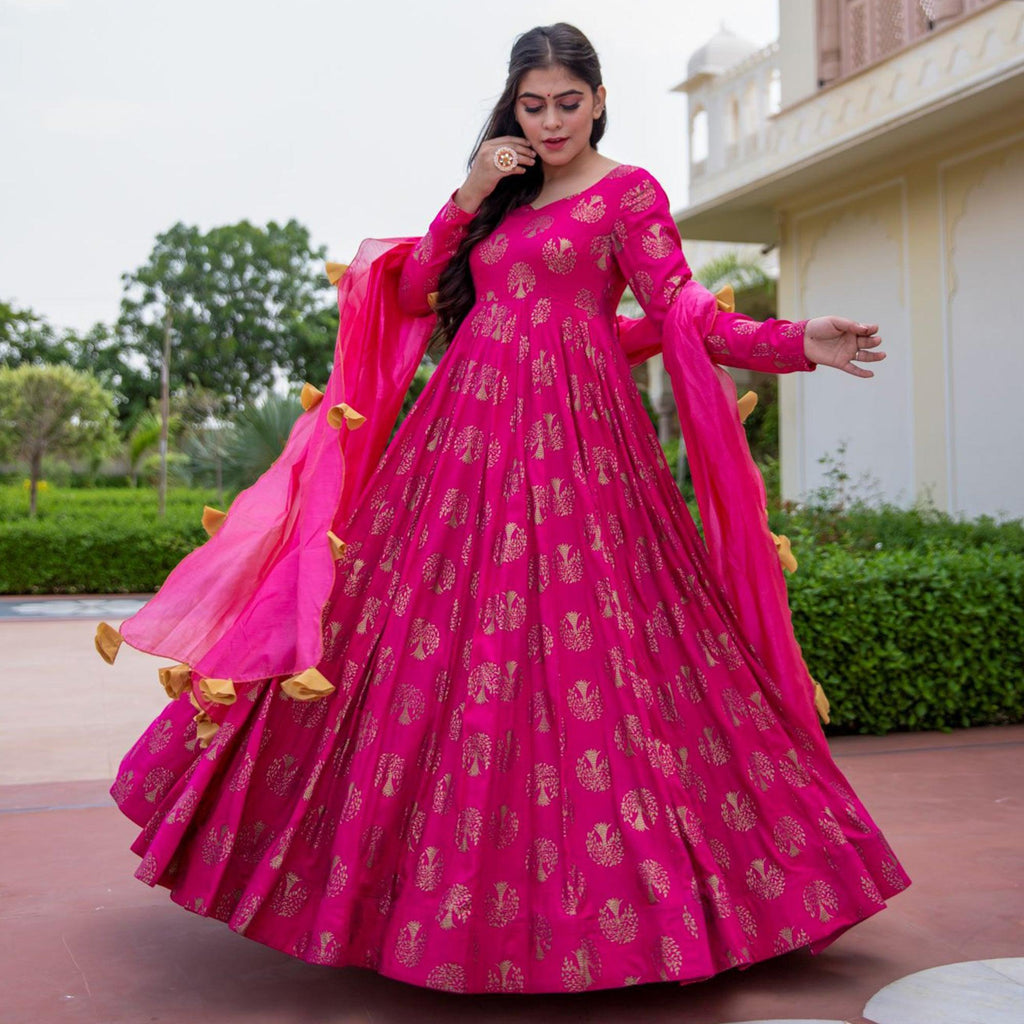 Pink Partywear Woven Printed Rayon Anarkali Suit With Dupatta