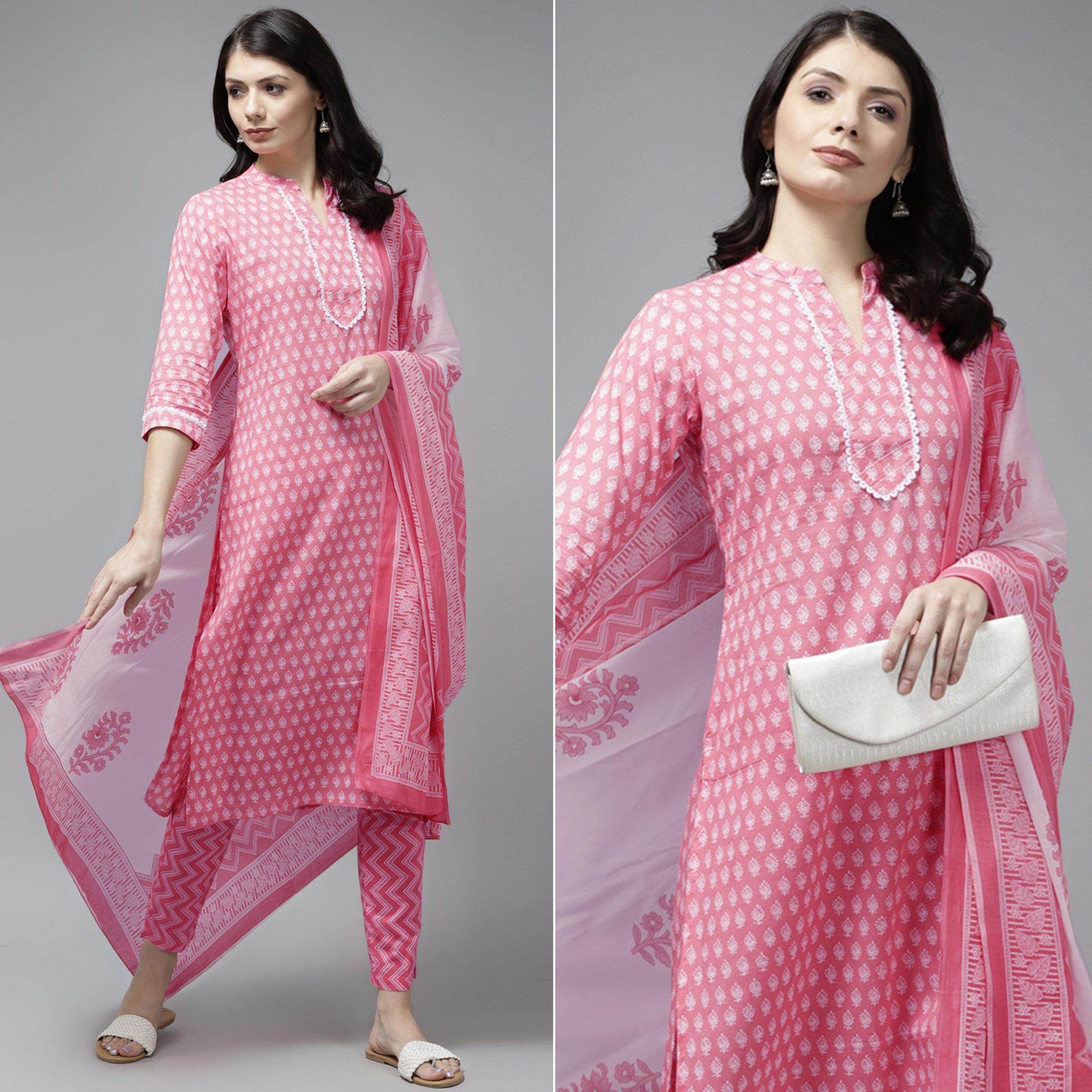 Pink Jaipuri Printed Pure Cotton Kurti Pant Set With Dupatta