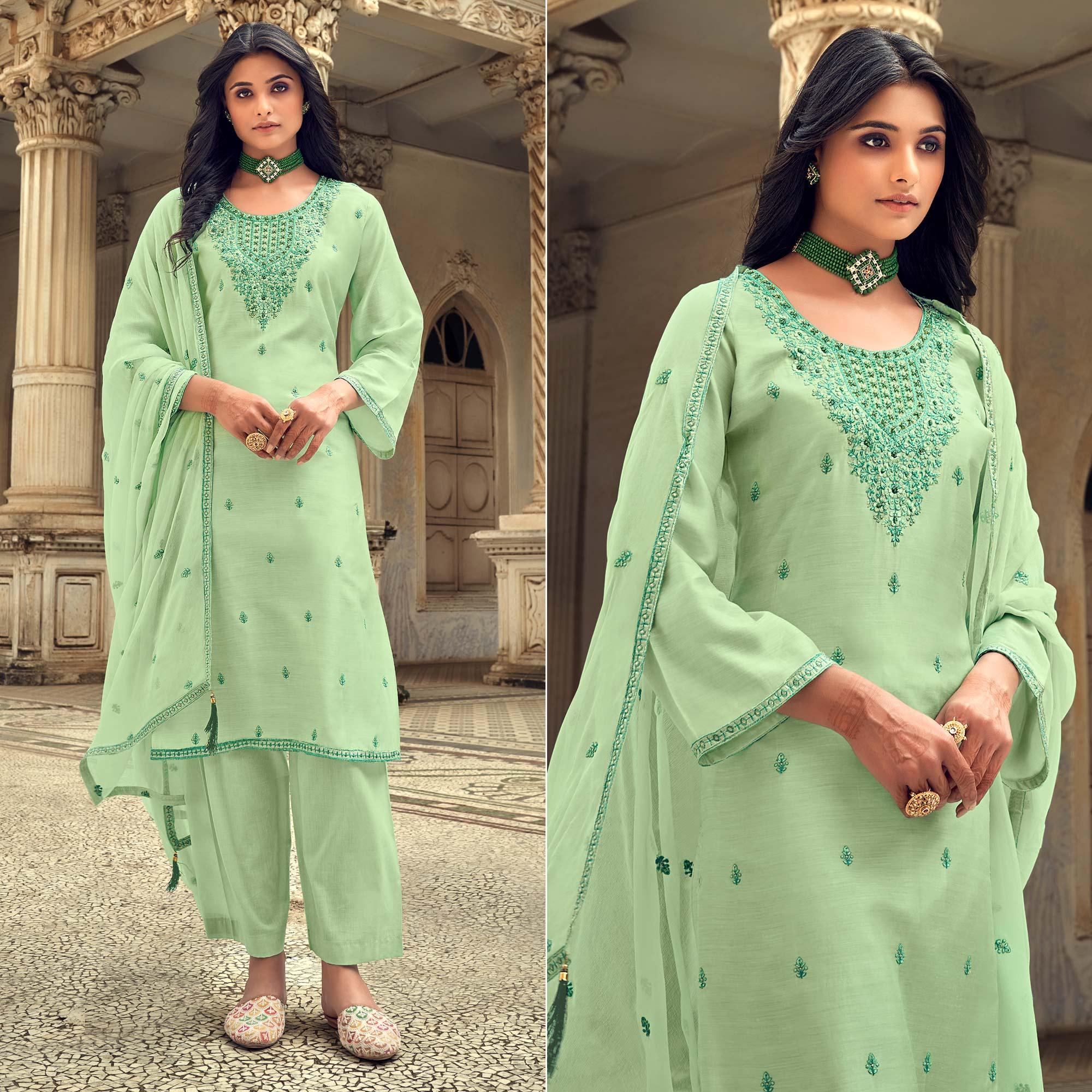 Pista Green Party Wear Embroidered Muslin Suit