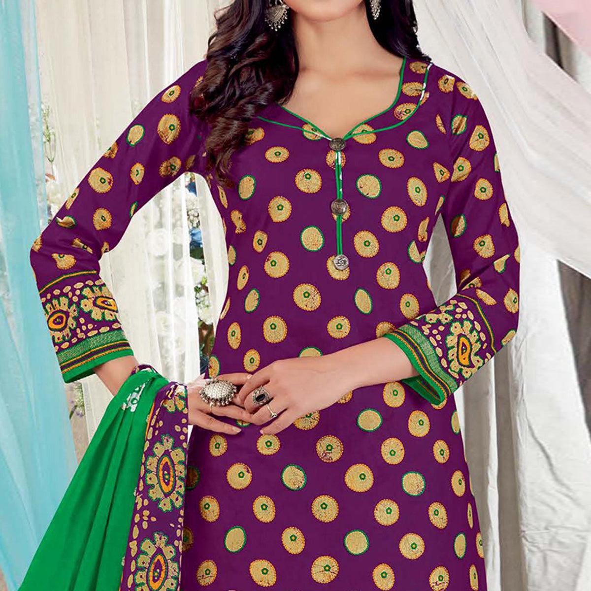 Purple Casual Wear Batik Printed Cotton Patiala Dress Material