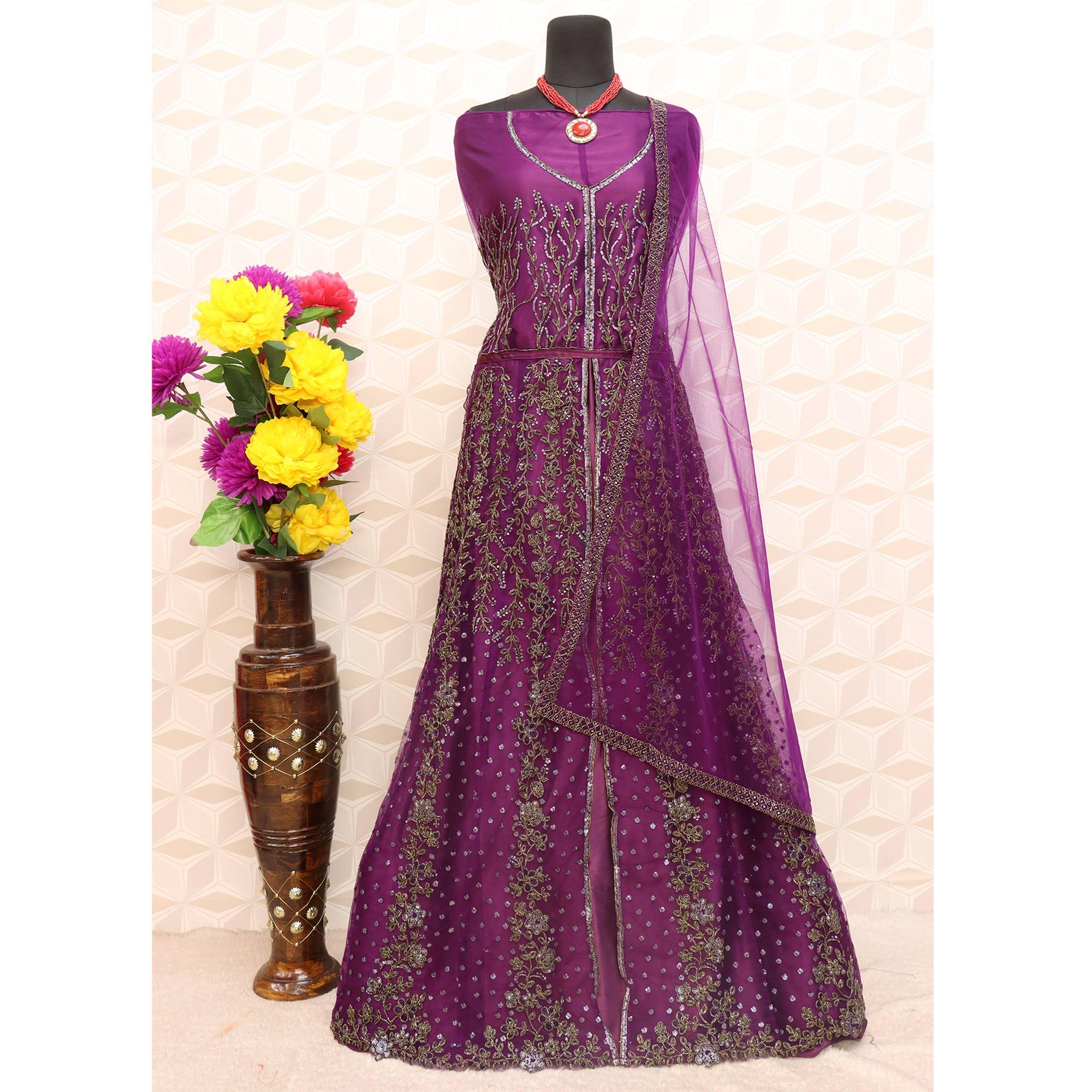 Purple Embroidered Netted Anarkali Style Gown