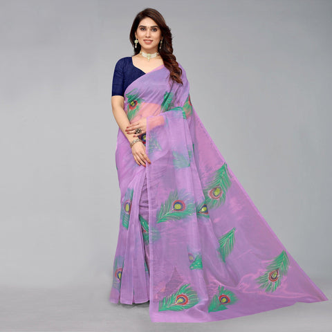 Light Lavender Printed Organza Saree With Woven Border