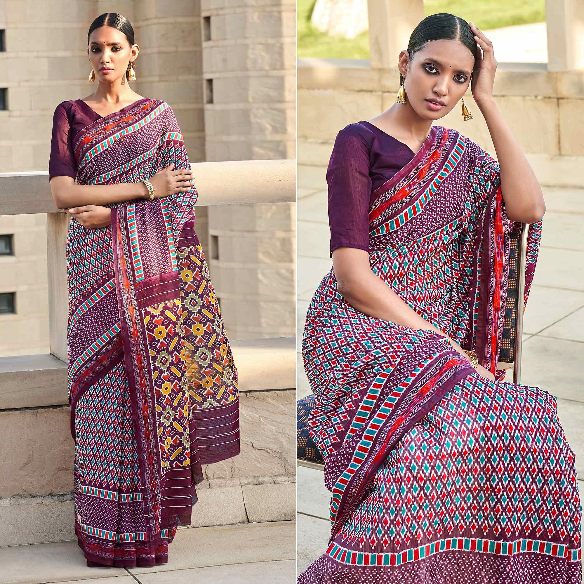 Purple Printed Poly Cotton Saree 