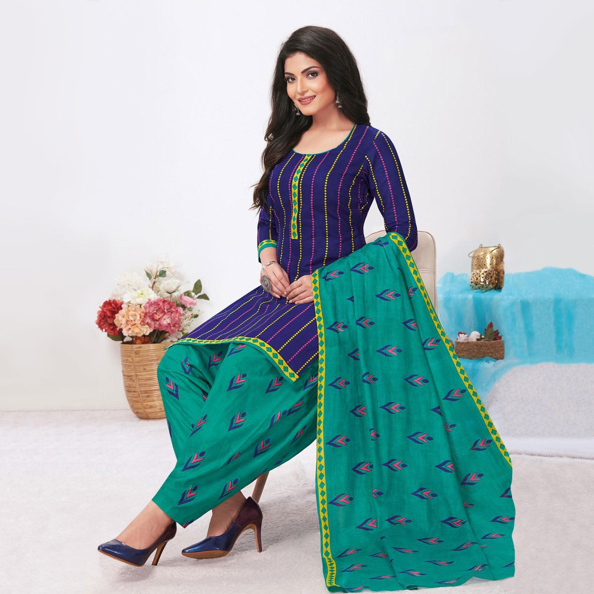 Purple Printed Pure Cotton Patiala Dress Material